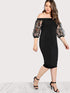 Plus Bardot Pencil Dress With Embroidered Mesh Sleeve