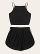 Plus Letter Print Cami Top With Contrast Trim Drawstring Shorts