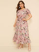 Plus Ruffle Hem Floral Print Belted Dress