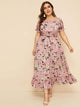 Plus Ruffle Hem Floral Print Belted Dress