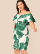 Plus Tropical Print Flounce Foldover Bardot Dress