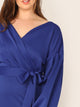 Plus Lantern Sleeve Wrap Belted Split Back Pencil Dress