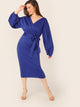 Plus Lantern Sleeve Wrap Belted Split Back Pencil Dress