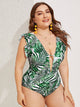 Plus Palm Print Ruffle Plunge One Piece Swimwear