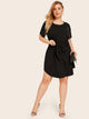 Plus Tie Waist Curved Hem Solid Dress