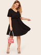 Plus V-neck High Waist Pleated Dress With Belt