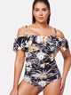 Plus Flower Print Flounce Ruched One Piece Swimsuit