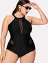 Plus Mesh Panel High Neck One Piece Swimsuit