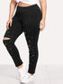 Plus Pearl Beading Ripped Knee Leggings