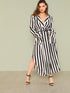 Plus V-neck Tie Waist Curved Hem Striped Dress