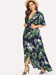 Plus Knot Front Cutout Midriff Tropical Dress