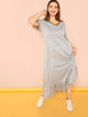 Plus Striped Trim Ruffle Hem Heather Grey Dress