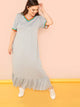 Plus Striped Trim Ruffle Hem Heather Grey Dress