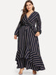 Plus Ruffle Hem Belted Striped Dress