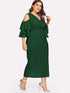 Plus Cold Shoulder Layered Sleeve Wrap Belted Dress