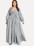 Plus Flower Applique Lantern Sleeve Wrap Dress