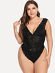 Plus Scalloped Trim Cut-Out Floral Lace Teddy Bodysuit