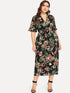 Plus Ruffle Sleeve Surplice Wrap Tropical Dress