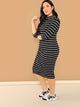 Plus Mock Neck Rib Knit Striped Pencil Dress