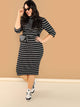 Plus Mock Neck Rib Knit Striped Pencil Dress