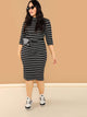 Plus Mock Neck Rib Knit Striped Pencil Dress