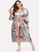 Plus Peacock & Flower Print Self Tie Robe