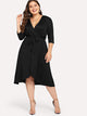 Plus Waist Belted Wrap V-Neck Solid Dress