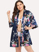 Plus Peacock & Flower Print Self Tie Robe