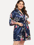 Plus Peacock & Flower Print Self Tie Robe