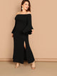  Plus Bell Sleeve Slit Front Fishtail Bardot Dress