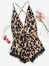 Plus Criss Cross Lace Trim Leopard Romper Bodysuit