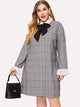 Plus Tie Neck Flounce Sleeve Plaid Dress