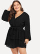  Plus Lantern Sleeve Layered Hem Knot Crinkle Dress