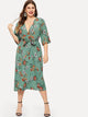 Plus Floral Print Self-tie Wrap Chiffon Dress