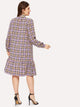 Plus Plaid Tie Neck Ruffle Hem Dress