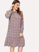 Plus Plaid Tie Neck Ruffle Hem Dress