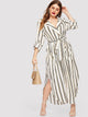 Plus V-neck Tie Waist Curved Hem Striped Dress