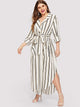 Plus V-neck Tie Waist Curved Hem Striped Dress