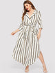 Plus V-neck Tie Waist Curved Hem Striped Dress