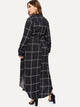 Plus Notch Collar Curved Hem Wrap Grid Dress