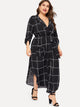 Plus Notch Collar Curved Hem Wrap Grid Dress