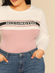  Plus Color Block Rib-knit Letter Print Top