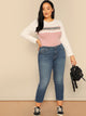  Plus Color Block Rib-knit Letter Print Top