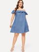 Plus Off The Shoulder Flounce Trim Denim Dress