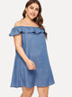 Plus Off The Shoulder Flounce Trim Denim Dress