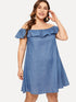 Plus Off The Shoulder Flounce Trim Denim Dress