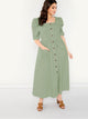 Plus Square Neck Button Front Puff Sleeve Maxi Dress