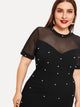 Plus Mesh Insert Pearls Beaded Dress