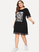 Plus Lace Panel Letter Print Dress