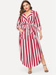 Plus V-neck Tie Waist Curved Hem Striped Dress